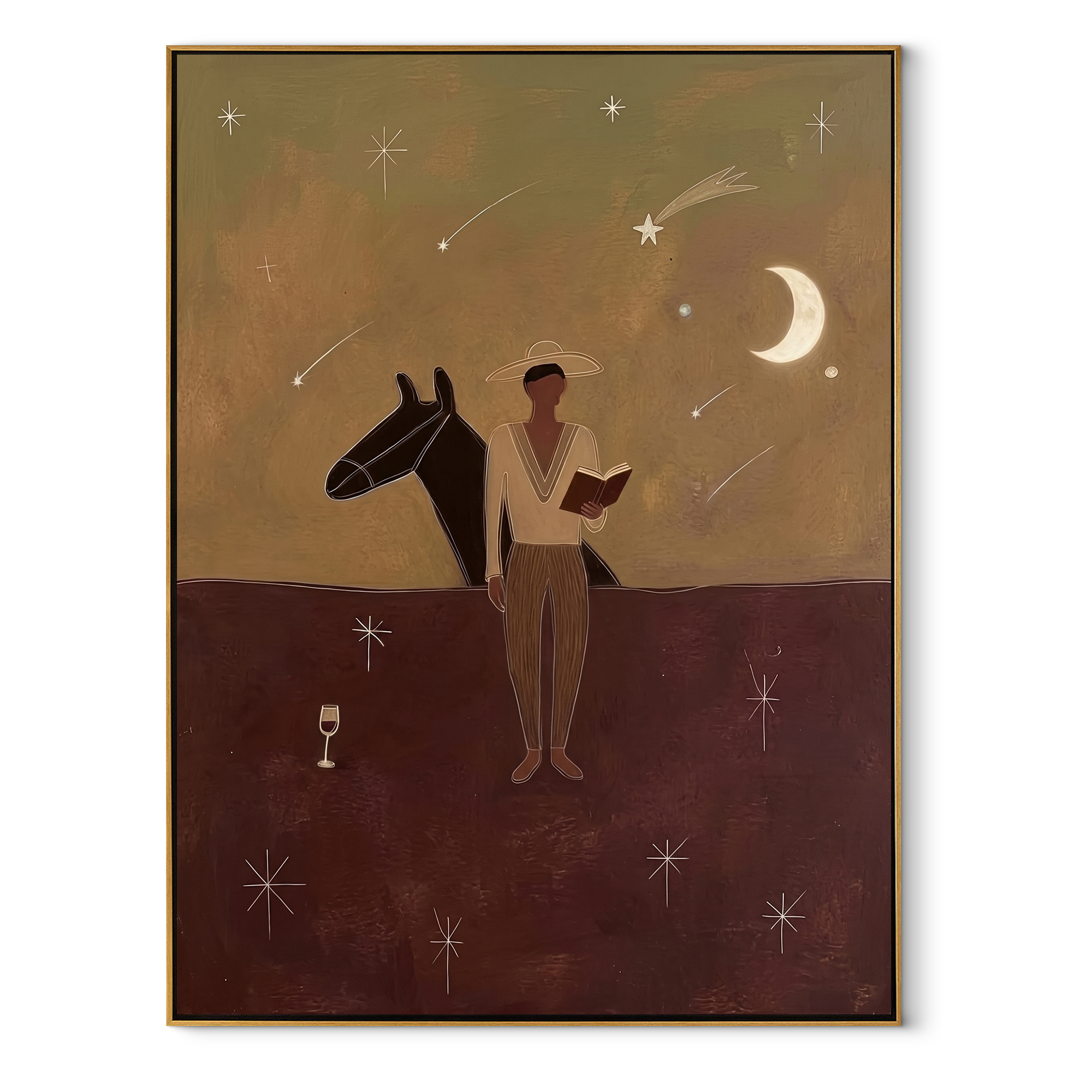 Moon Watches Open Book - cowboy moonlit horse painting by Marcus Lau, retro modern vertical wall art – wood frame on white background