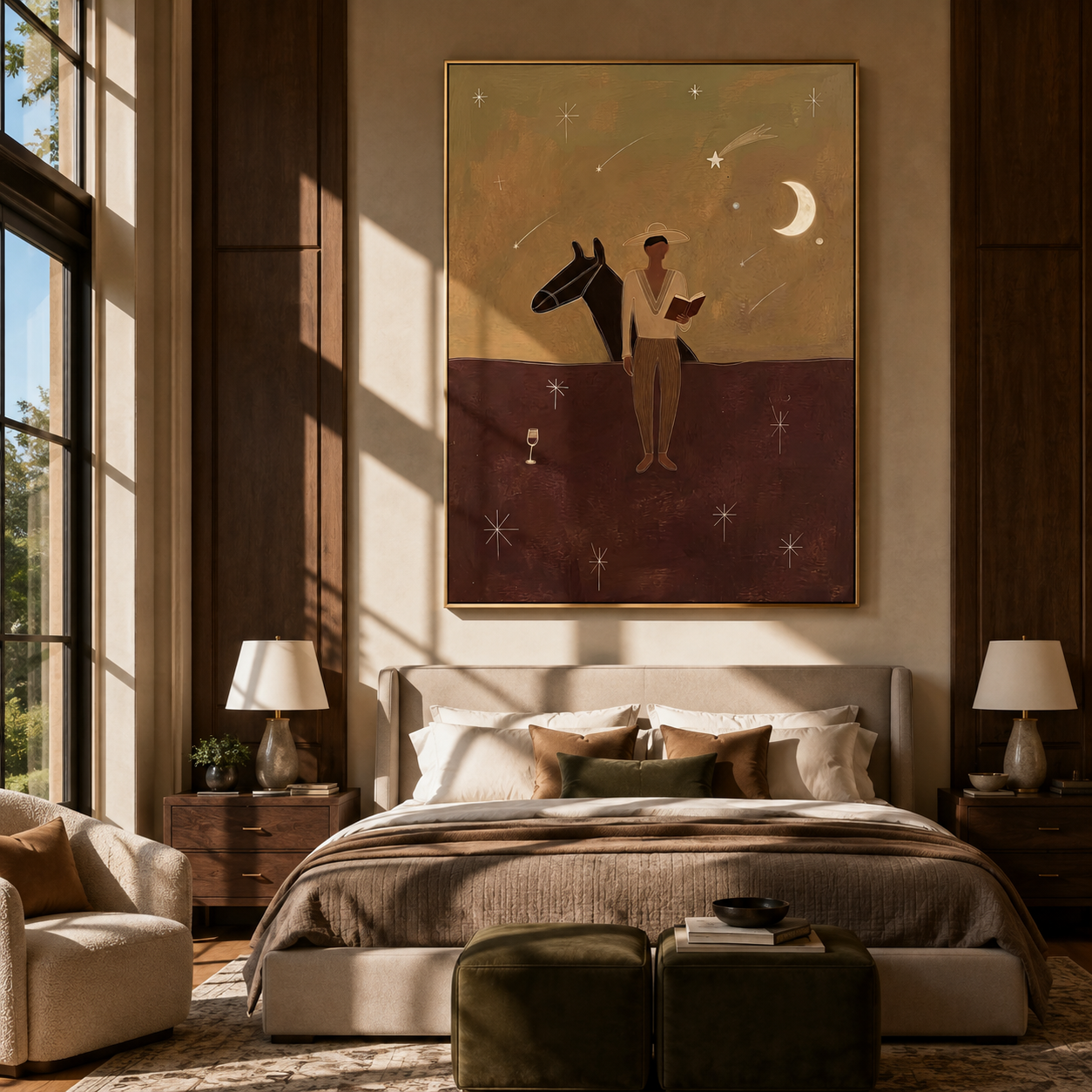 Moon Watches Open Book - cowboy moonlit horse painting by Marcus Lau, retro modern vertical wall art – styled room scene view 2