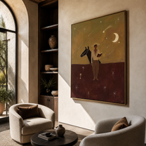 Moon Watches Open Book - cowboy moonlit horse painting by Marcus Lau, retro modern vertical wall art – styled room scene view 3