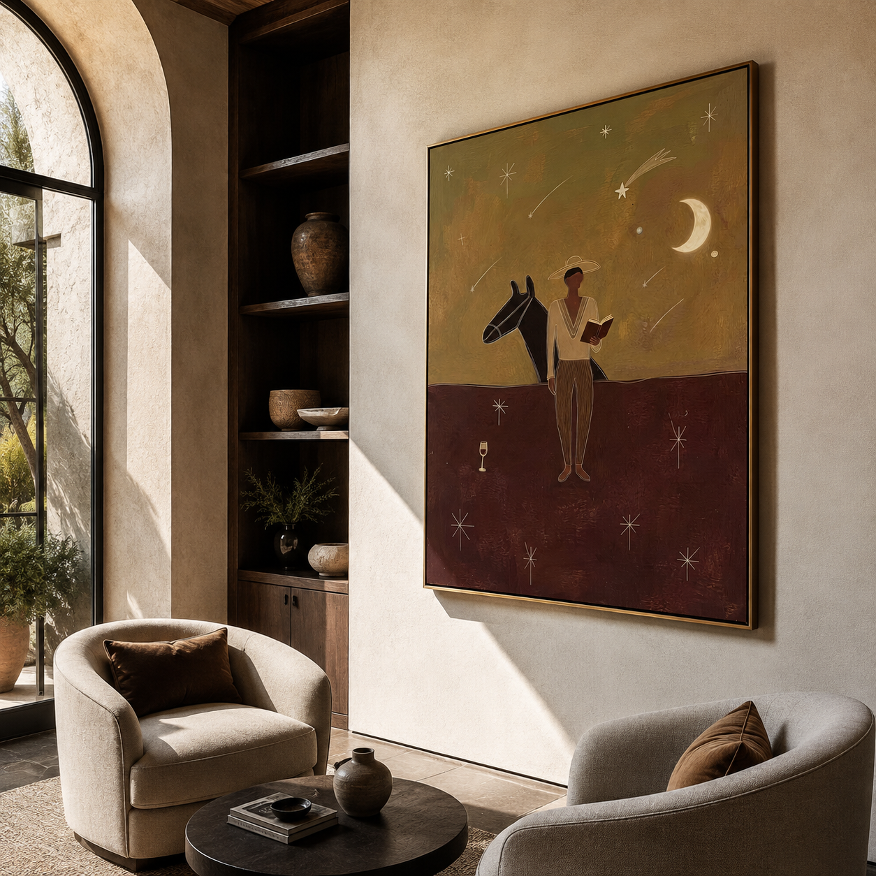 Moon Watches Open Book - cowboy moonlit horse painting by Marcus Lau, retro modern vertical wall art – styled room scene view 3