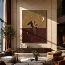 Moon Watches Open Book - cowboy moonlit horse painting by Marcus Lau, retro modern vertical wall art – styled room scene view 4