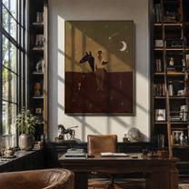 Moon Watches Open Book - cowboy moonlit horse painting by Marcus Lau, retro modern vertical wall art – styled room scene view 5