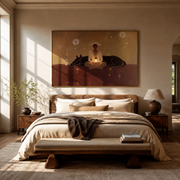 Lantern Warms Sleeping Horse - cowboy lantern horse painting by Marcus Lau, retro modern horizontal wall art – styled room scene view 1