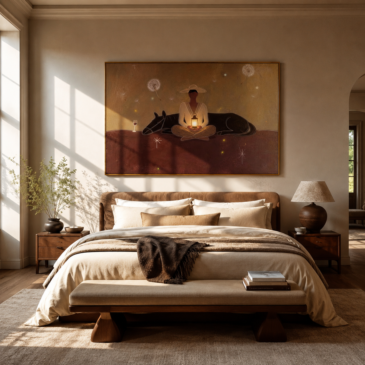 Lantern Warms Sleeping Horse - cowboy lantern horse painting by Marcus Lau, retro modern horizontal wall art – styled room scene view 1