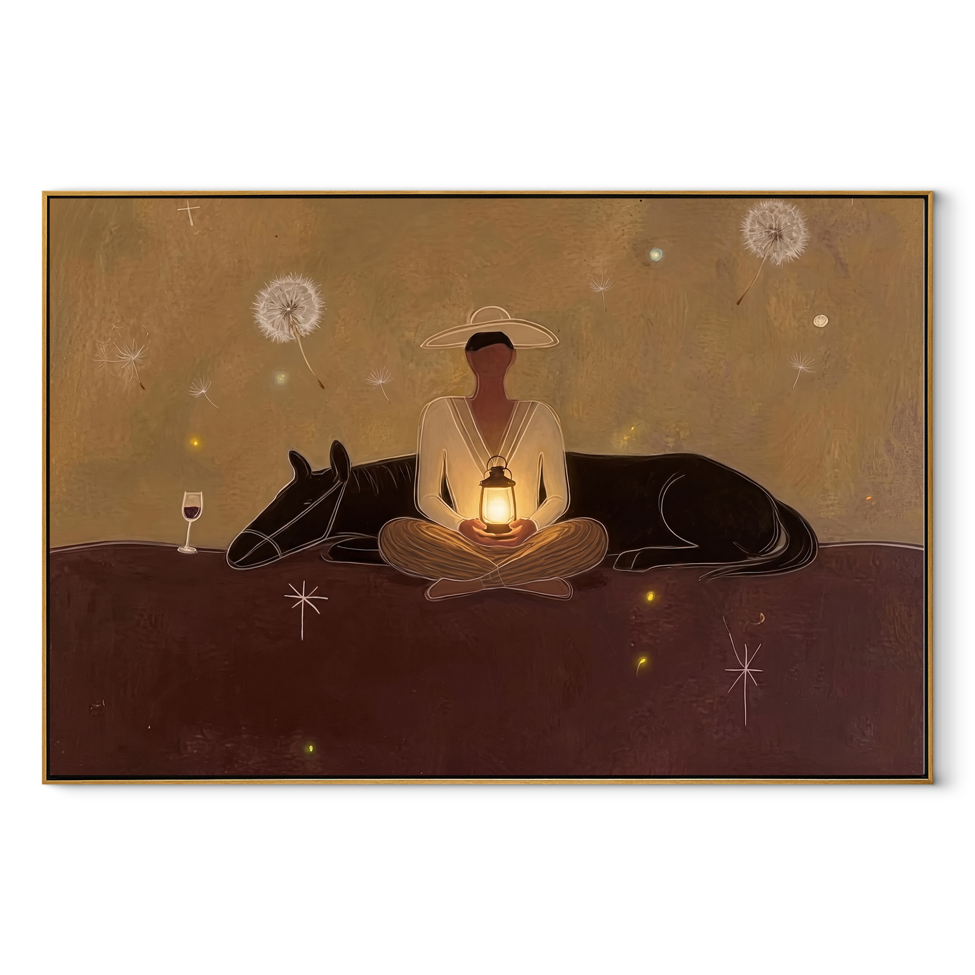 Lantern Warms Sleeping Horse - cowboy lantern horse painting by Marcus Lau, retro modern horizontal wall art – wood frame on white background