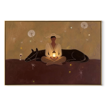 Lantern Warms Sleeping Horse - cowboy lantern horse painting by Marcus Lau, retro modern horizontal wall art – wood frame on white background