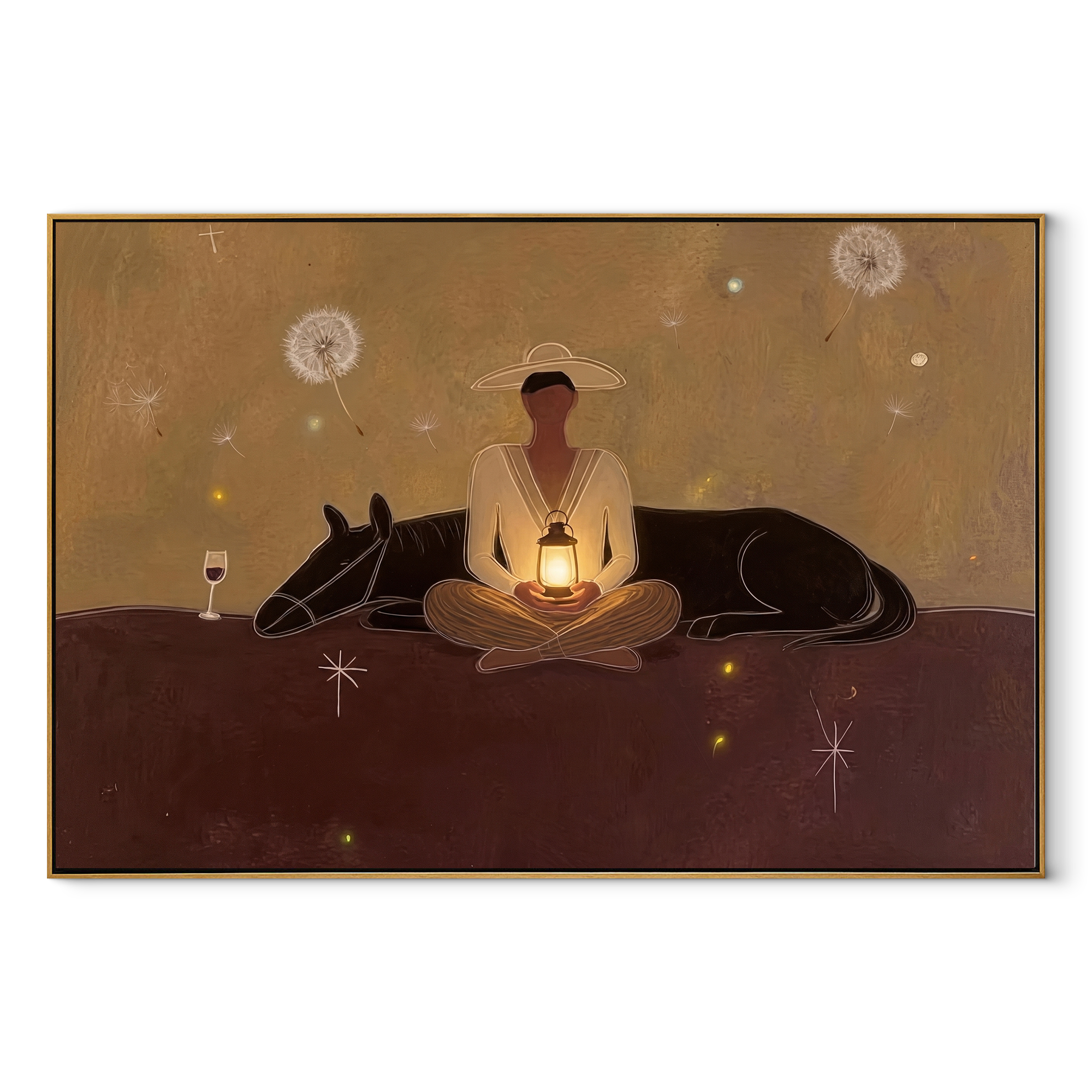 Lantern Warms Sleeping Horse - cowboy lantern horse painting by Marcus Lau, retro modern horizontal wall art – wood frame on white background