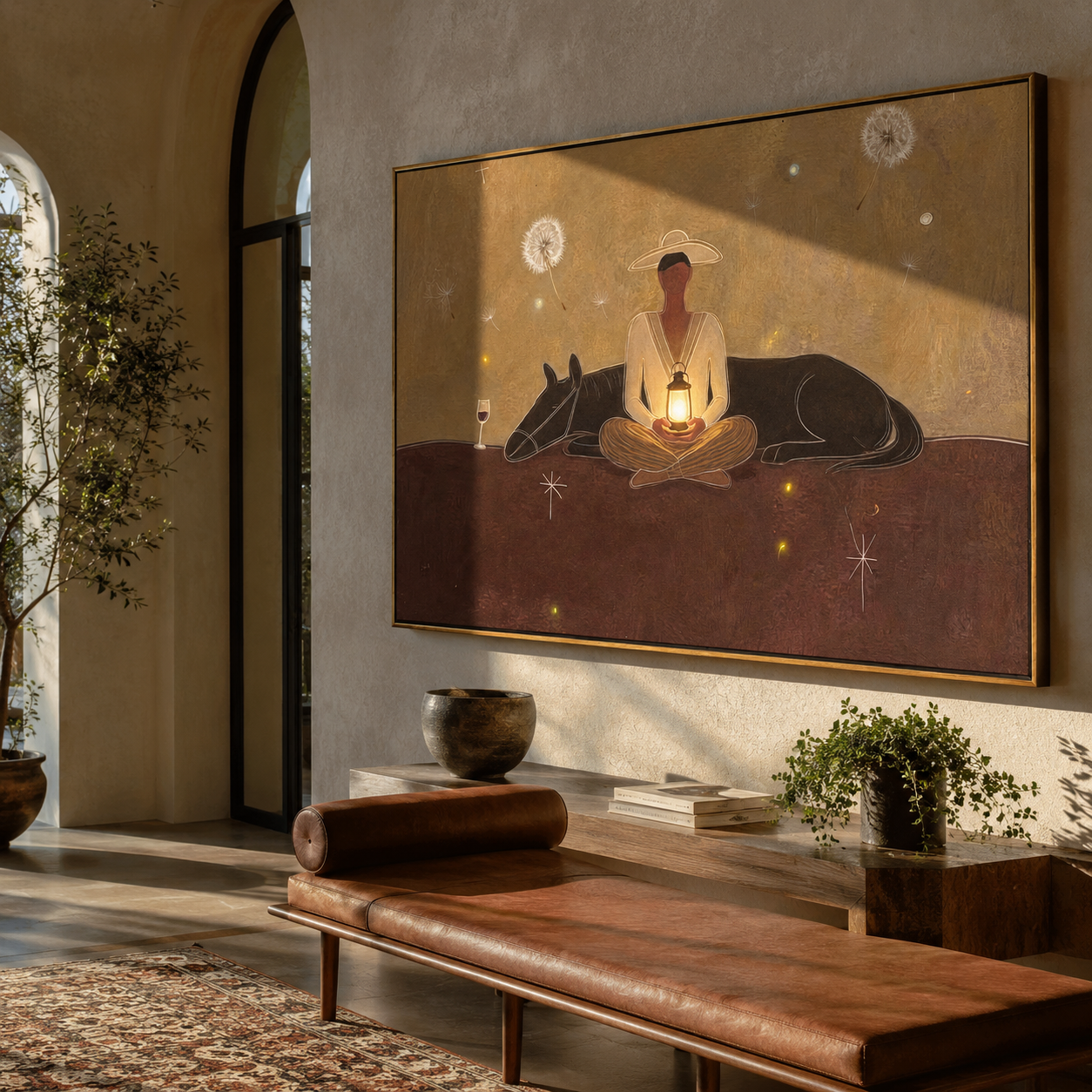 Lantern Warms Sleeping Horse - cowboy lantern horse painting by Marcus Lau, retro modern horizontal wall art – styled room scene view 2