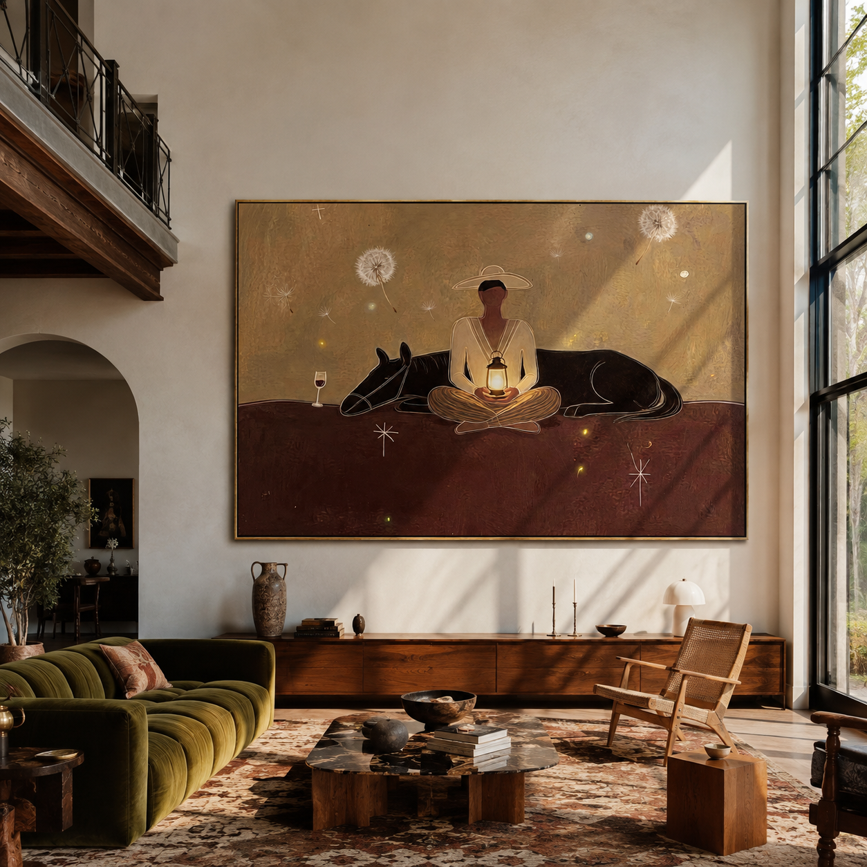 Lantern Warms Sleeping Horse - cowboy lantern horse painting by Marcus Lau, retro modern horizontal wall art – styled room scene view 3