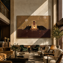 Lantern Warms Sleeping Horse - cowboy lantern horse painting by Marcus Lau, retro modern horizontal wall art – styled room scene view 4