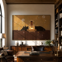 Lantern Warms Sleeping Horse - cowboy lantern horse painting by Marcus Lau, retro modern horizontal wall art – styled room scene view 5