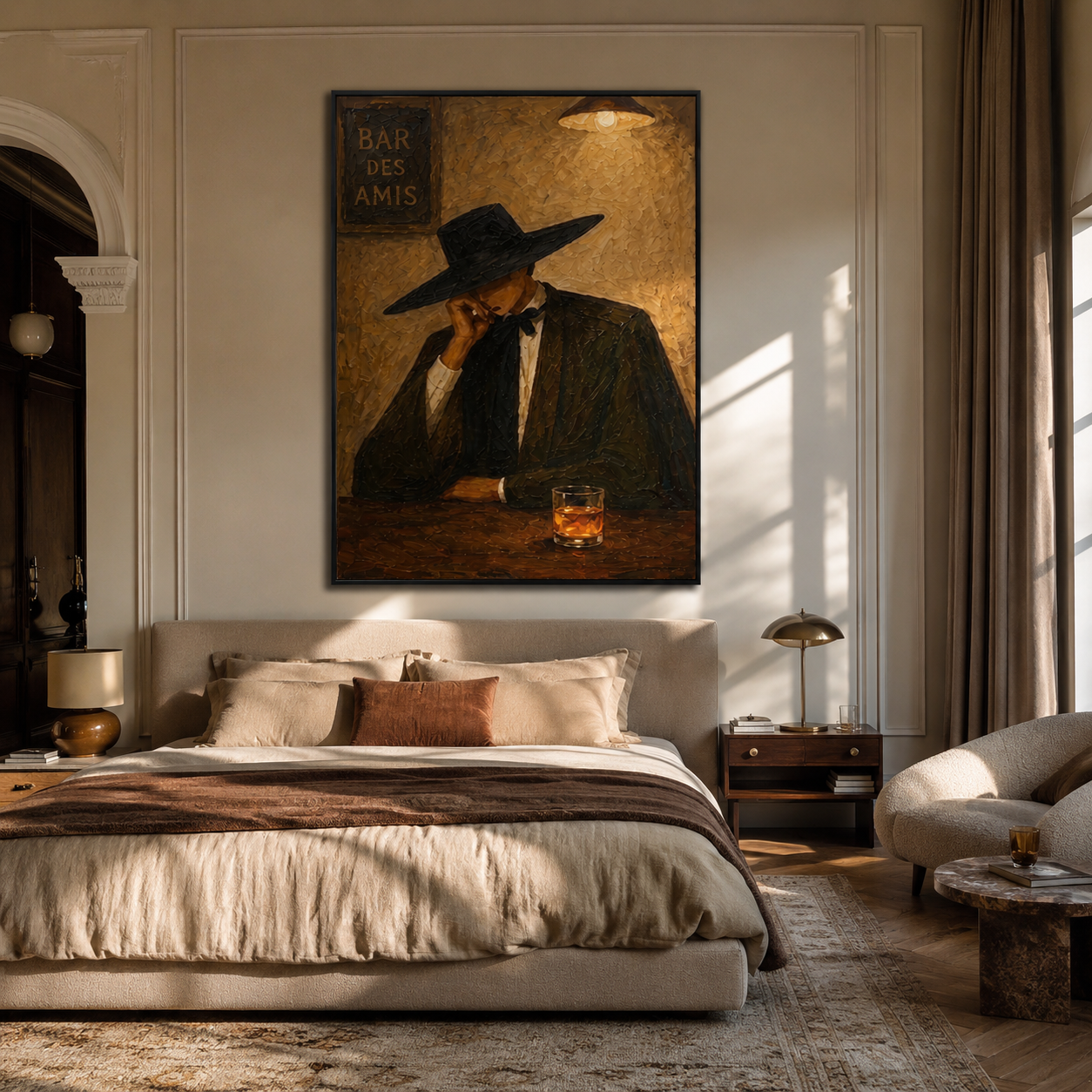 Last Whiskey Waits Alone - cowboy bar interior painting by Marcus Lau, retro modern vertical wall art – styled room scene view 1