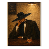 Last Whiskey Waits Alone - cowboy bar interior painting by Marcus Lau, retro modern vertical wall art – wood frame on white background