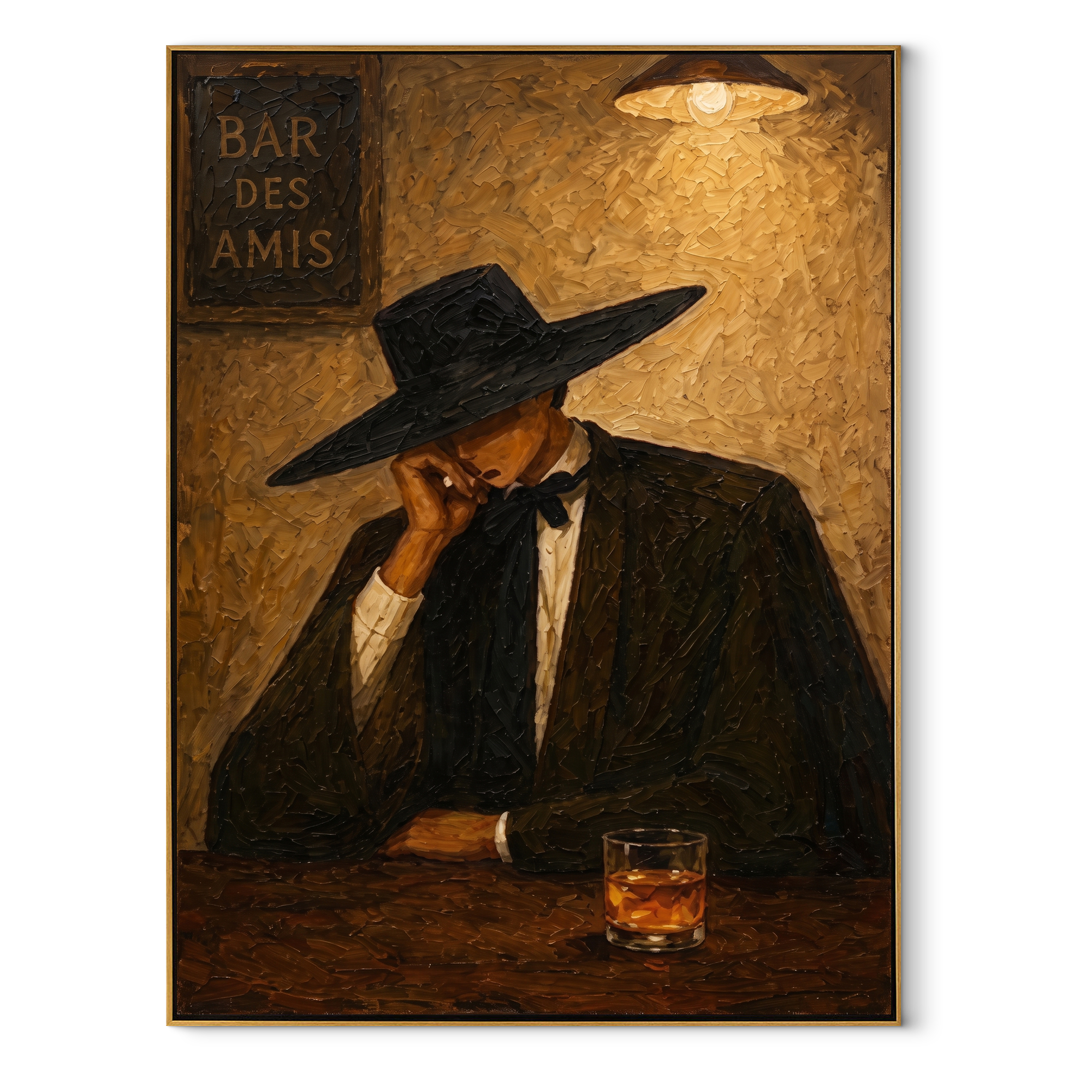 Last Whiskey Waits Alone - cowboy bar interior painting by Marcus Lau, retro modern vertical wall art – wood frame on white background