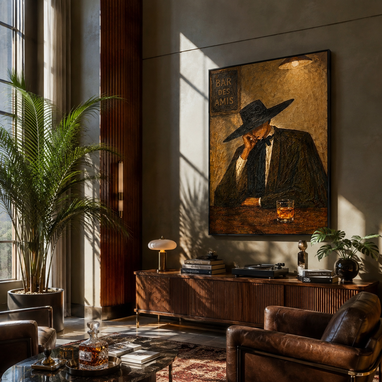 Last Whiskey Waits Alone - cowboy bar interior painting by Marcus Lau, retro modern vertical wall art – styled room scene view 2