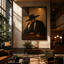 Last Whiskey Waits Alone - cowboy bar interior painting by Marcus Lau, retro modern vertical wall art – styled room scene view 3