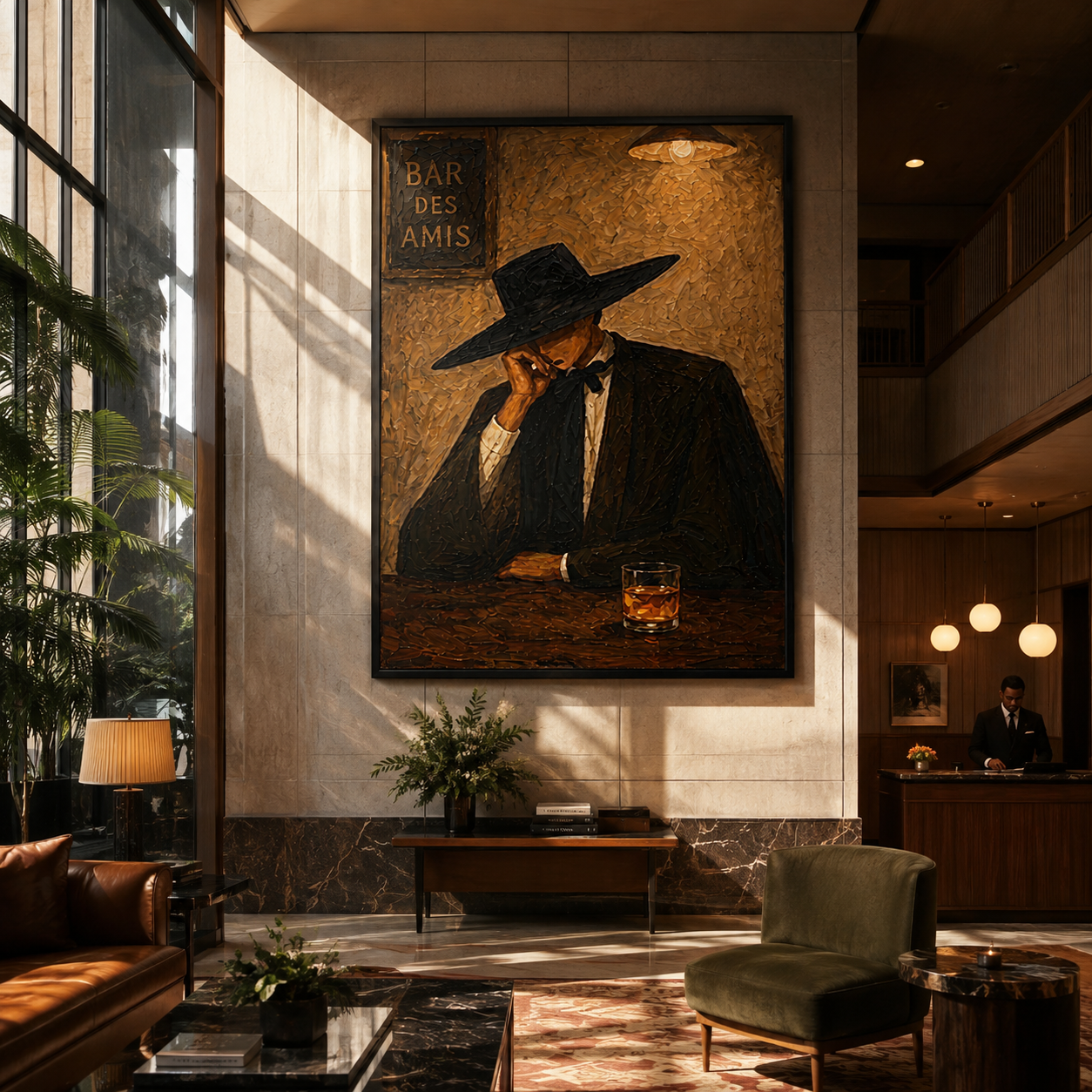 Last Whiskey Waits Alone - cowboy bar interior painting by Marcus Lau, retro modern vertical wall art – styled room scene view 3