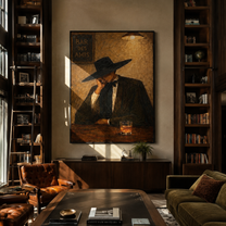 Last Whiskey Waits Alone - cowboy bar interior painting by Marcus Lau, retro modern vertical wall art – styled room scene view 4