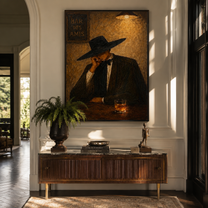 Last Whiskey Waits Alone - cowboy bar interior painting by Marcus Lau, retro modern vertical wall art – styled room scene view 5
