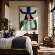 Blue Brim Frames Pages - woman reading hat painting by Marcus Lau, retro modern vertical wall art – styled room scene view 1