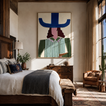 Blue Brim Frames Pages - woman reading hat painting by Marcus Lau, retro modern vertical wall art – styled room scene view 1