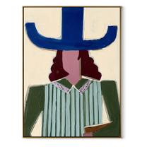 Blue Brim Frames Pages - woman reading hat painting by Marcus Lau, retro modern vertical wall art – wood frame on white background