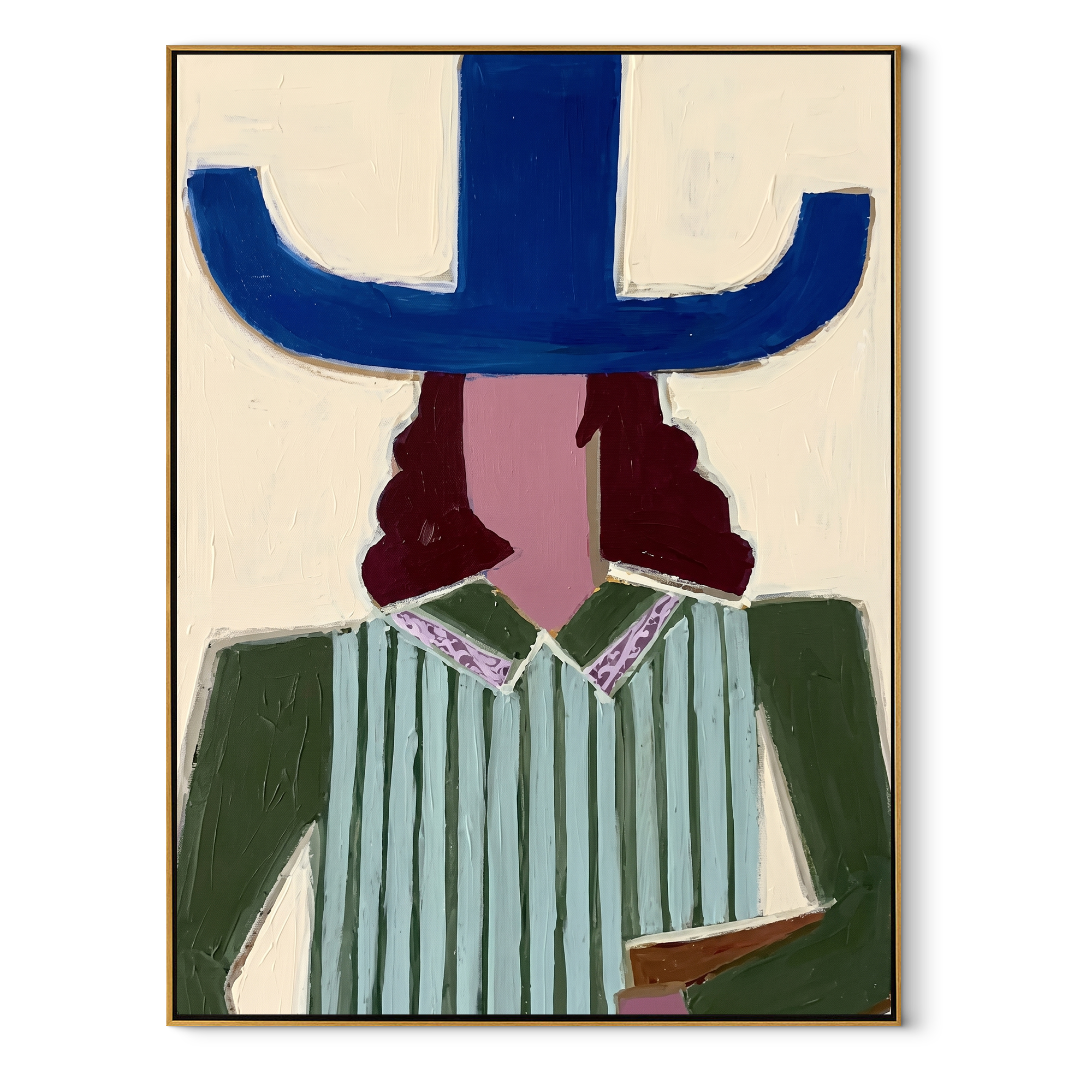 Blue Brim Frames Pages - woman reading hat painting by Marcus Lau, retro modern vertical wall art – wood frame on white background