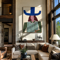 Blue Brim Frames Pages - woman reading hat painting by Marcus Lau, retro modern vertical wall art – styled room scene view 3