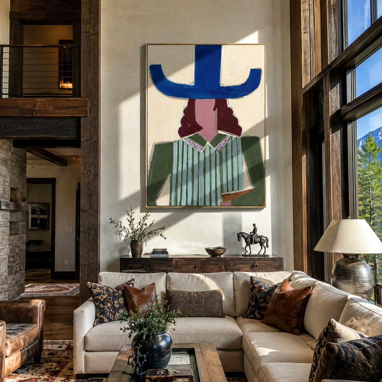Blue Brim Frames Pages - woman reading hat painting by Marcus Lau, retro modern vertical wall art – styled room scene view 3