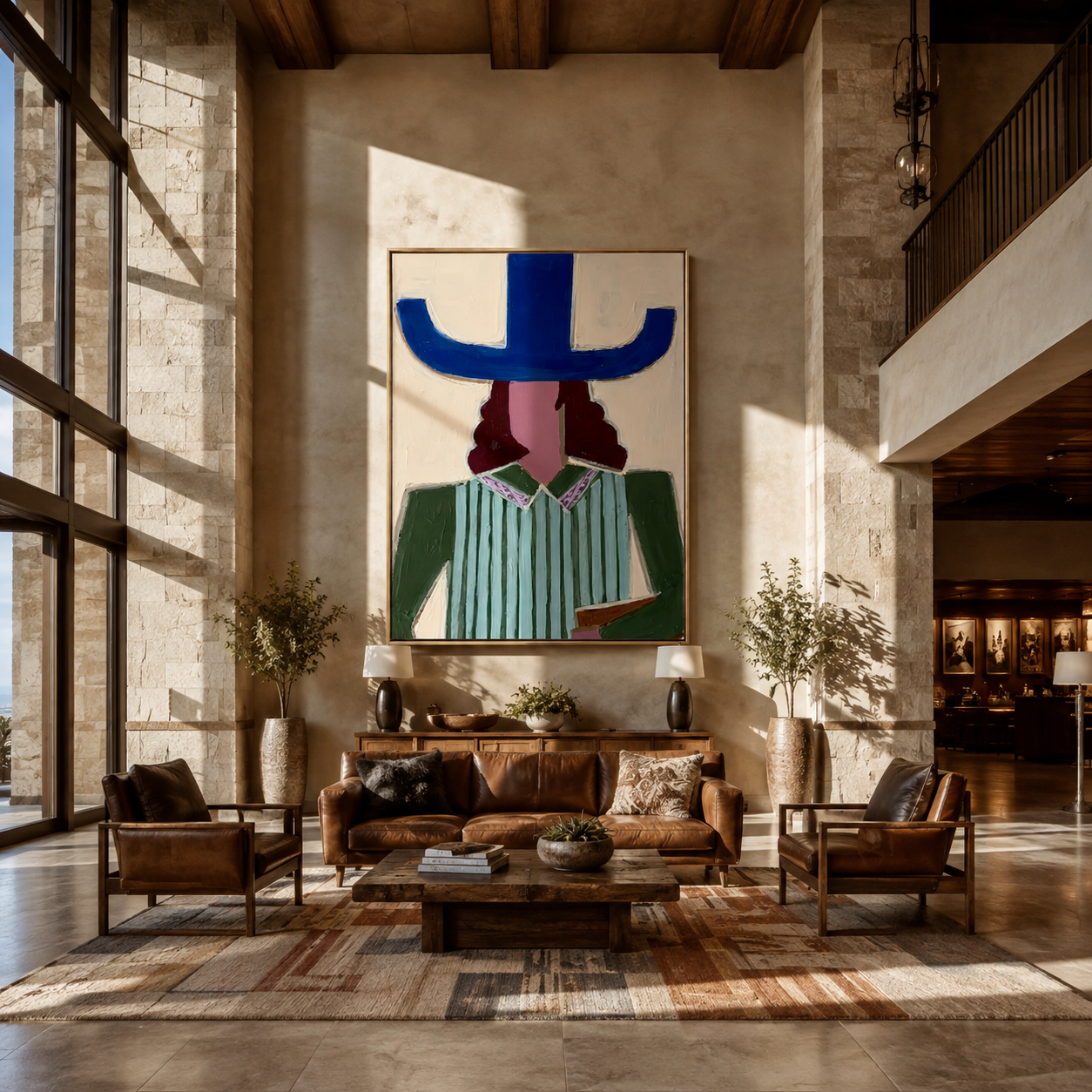 Blue Brim Frames Pages - woman reading hat painting by Marcus Lau, retro modern vertical wall art – styled room scene view 5