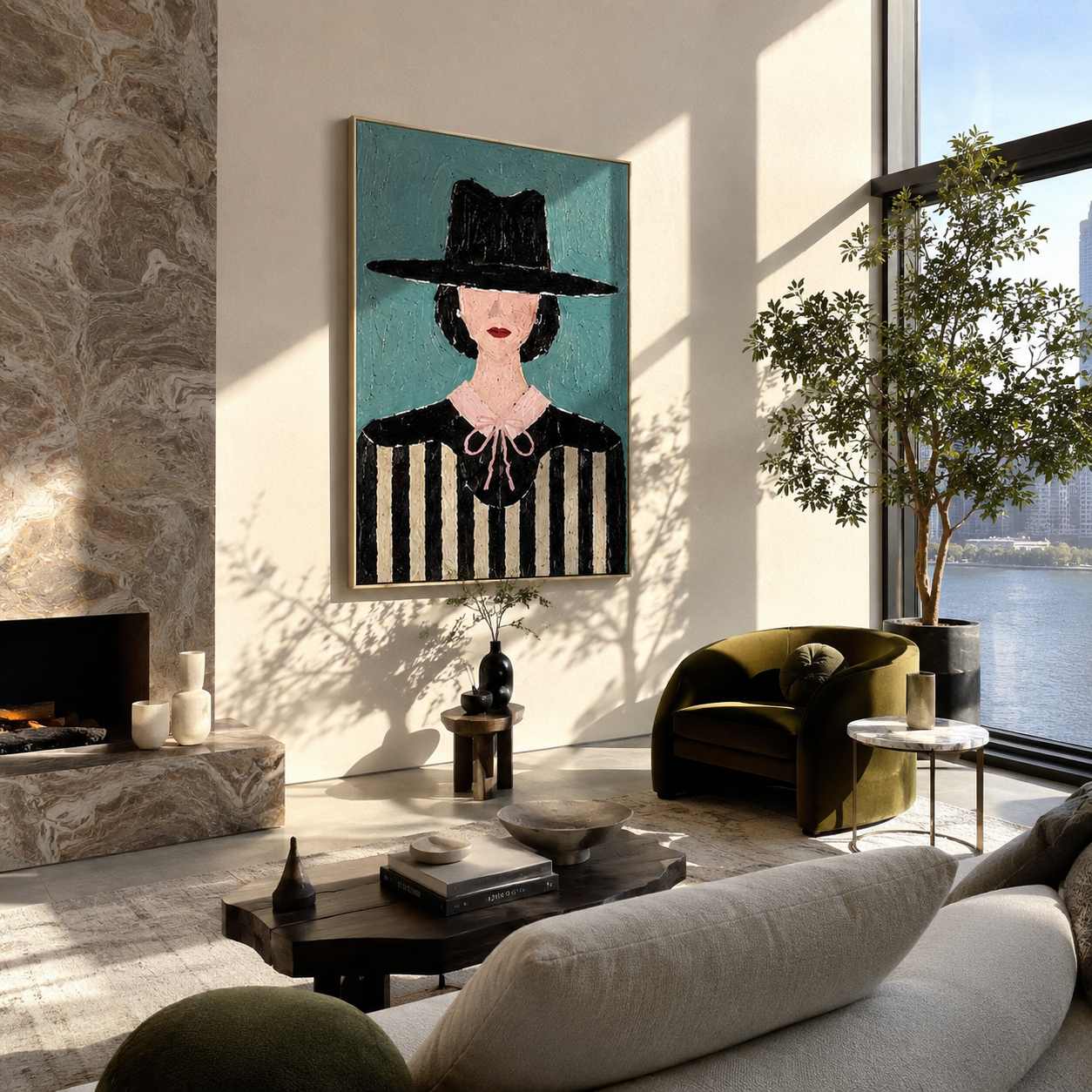 Pink Bow Meets Stripes - woman striped portrait painting by Marcus Lau, retro modern vertical wall art – styled room scene view 1