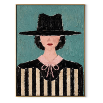 Pink Bow Meets Stripes - woman striped portrait painting by Marcus Lau, retro modern vertical wall art – wood frame on white background