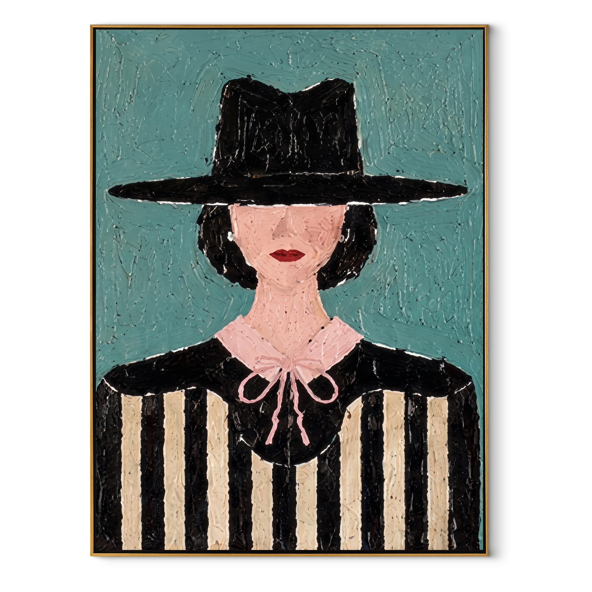 Pink Bow Meets Stripes - woman striped portrait painting by Marcus Lau, retro modern vertical wall art – wood frame on white background