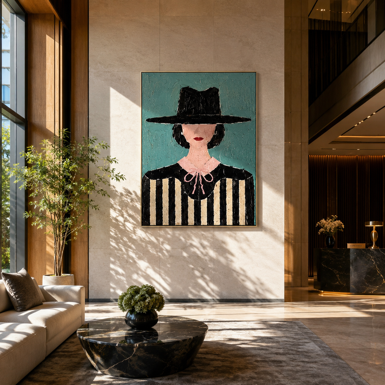 Pink Bow Meets Stripes - woman striped portrait painting by Marcus Lau, retro modern vertical wall art – styled room scene view 2