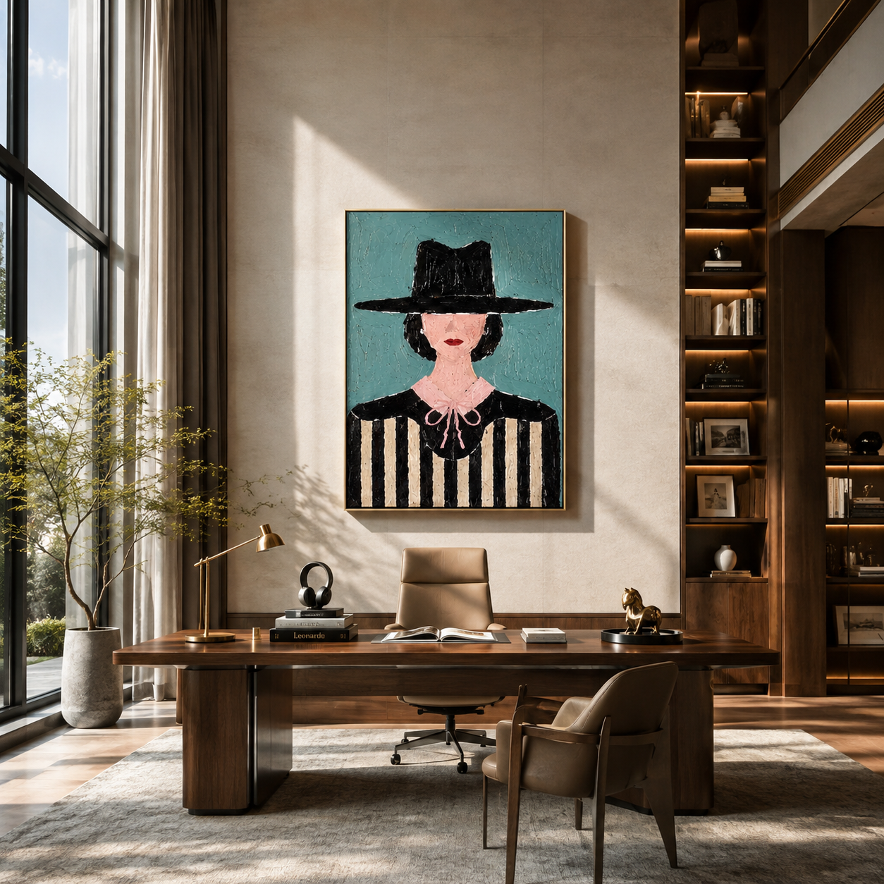 Pink Bow Meets Stripes - woman striped portrait painting by Marcus Lau, retro modern vertical wall art – styled room scene view 3