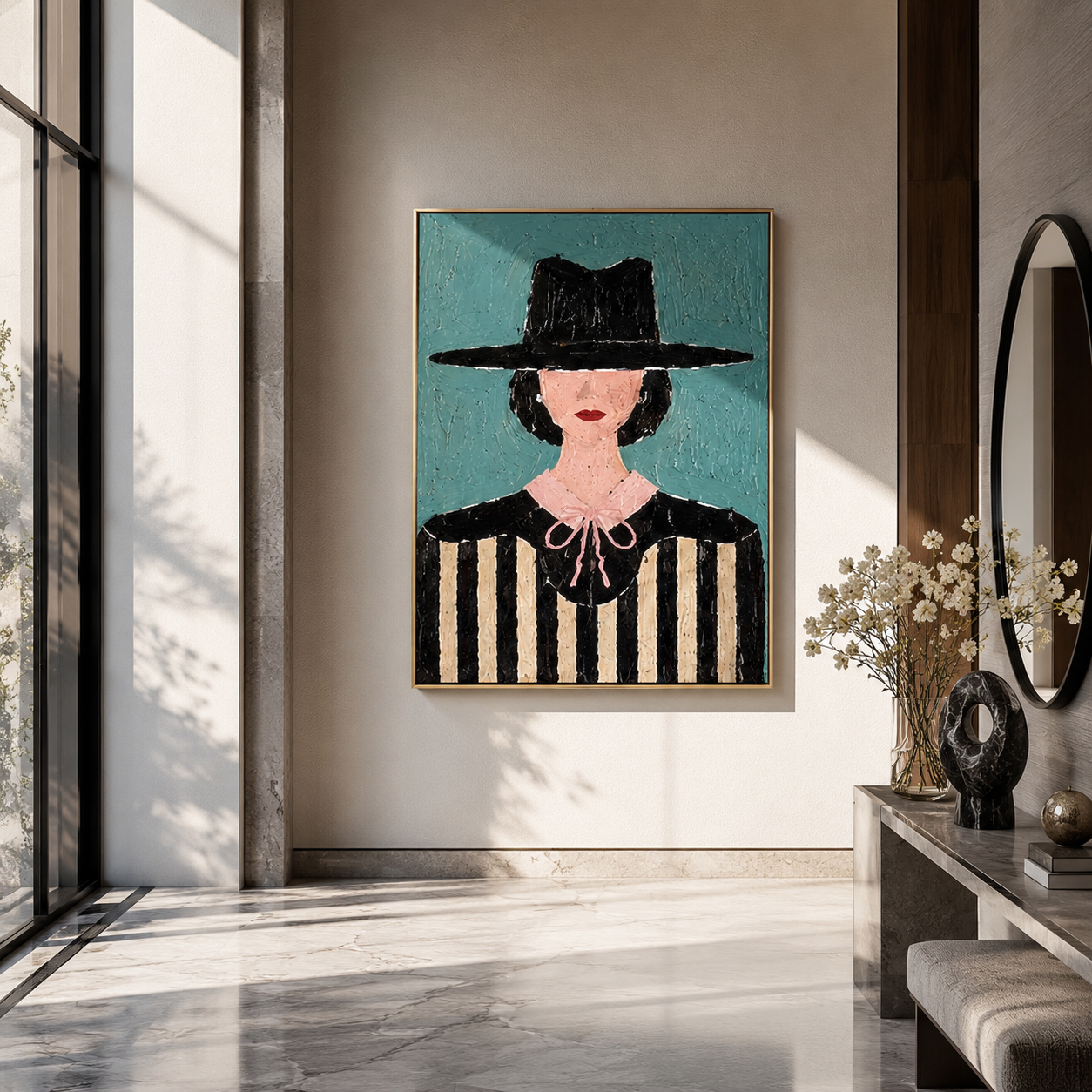 Pink Bow Meets Stripes - woman striped portrait painting by Marcus Lau, retro modern vertical wall art – styled room scene view 4