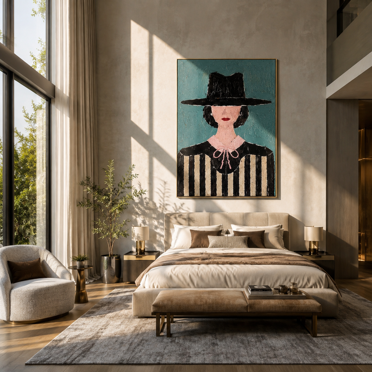 Pink Bow Meets Stripes - woman striped portrait painting by Marcus Lau, retro modern vertical wall art – styled room scene view 5