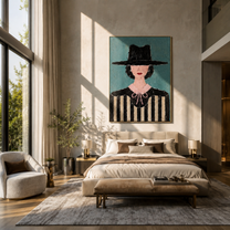 Pink Bow Meets Stripes - woman striped portrait painting by Marcus Lau, retro modern vertical wall art – styled room scene view 5