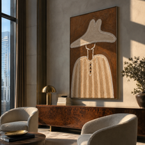 Pale Brim Hides Buttons - minimal woman hat portrait by Marcus Lau, retro modern vertical wall art – styled room scene view 1