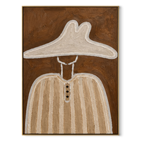 Pale Brim Hides Buttons - minimal woman hat portrait by Marcus Lau, retro modern vertical wall art – wood frame on white background