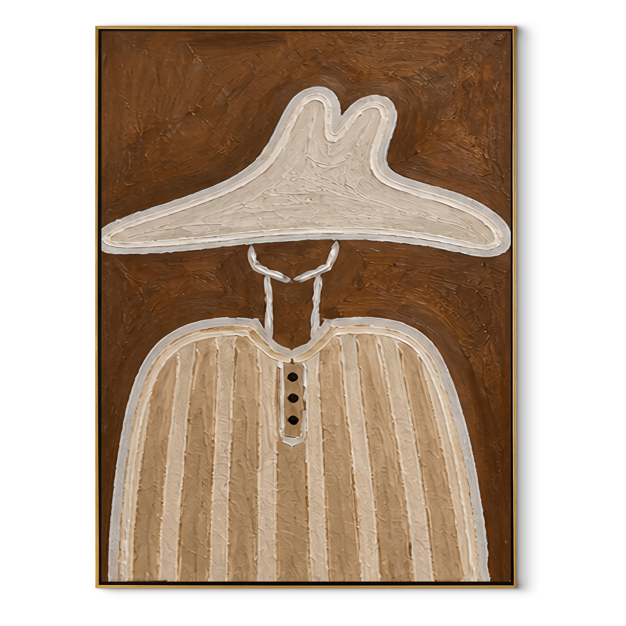 Pale Brim Hides Buttons - minimal woman hat portrait by Marcus Lau, retro modern vertical wall art – wood frame on white background