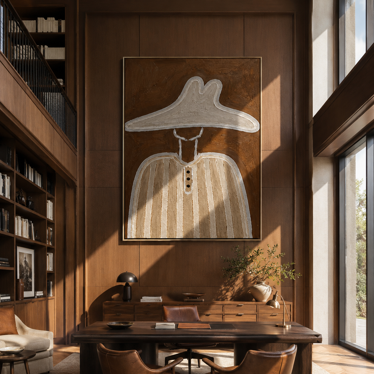 Pale Brim Hides Buttons - minimal woman hat portrait by Marcus Lau, retro modern vertical wall art – styled room scene view 3