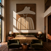 Pale Brim Hides Buttons - minimal woman hat portrait by Marcus Lau, retro modern vertical wall art – styled room scene view 5