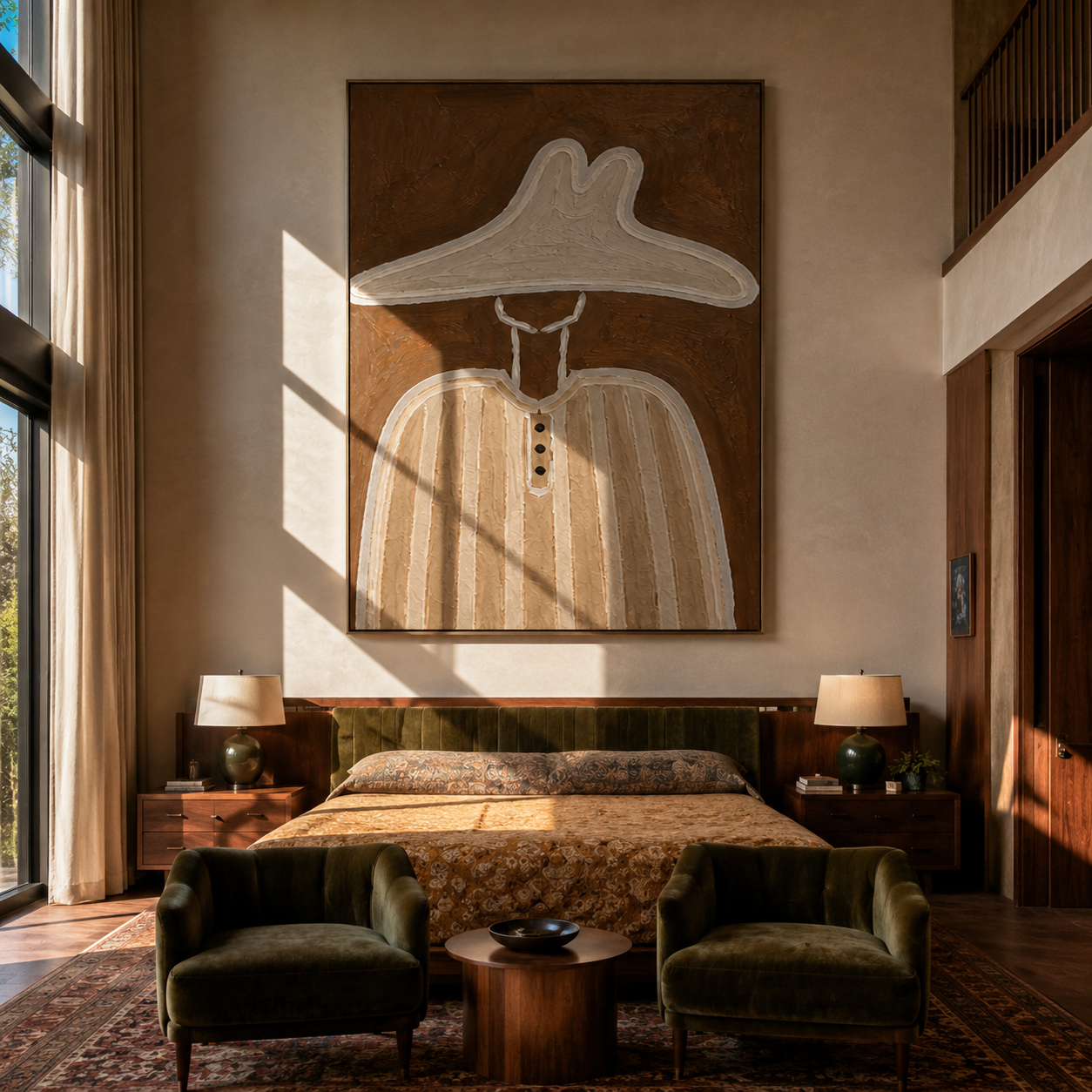 Pale Brim Hides Buttons - minimal woman hat portrait by Marcus Lau, retro modern vertical wall art – styled room scene view 5