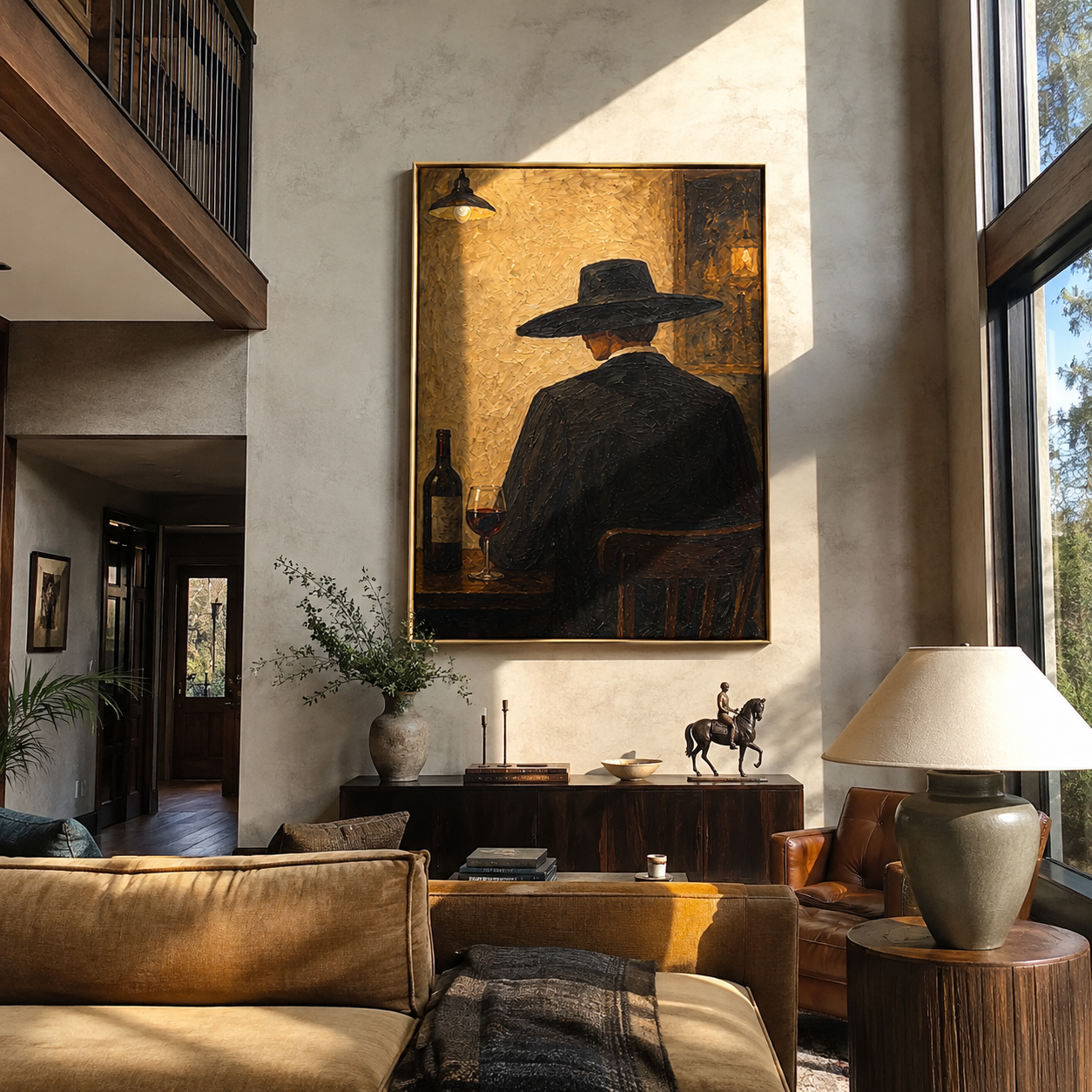 Wine Bottle Keeps Company - cowboy wine bar painting by Marcus Lau, retro modern vertical wall art – styled room scene view 1