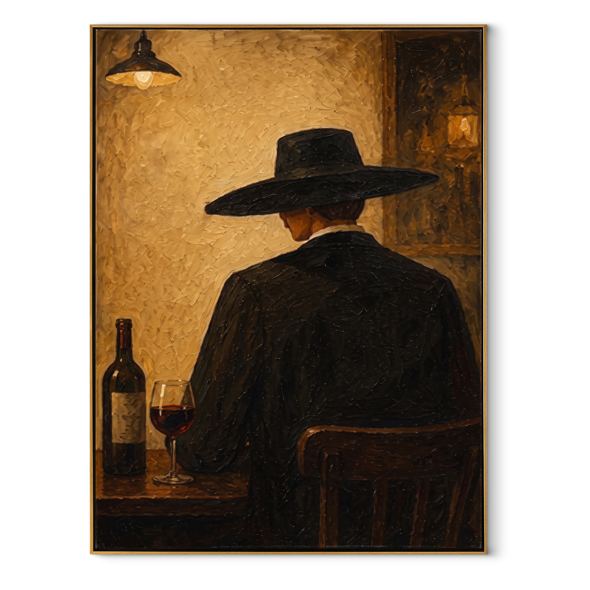 Wine Bottle Keeps Company - cowboy wine bar painting by Marcus Lau, retro modern vertical wall art – wood frame on white background