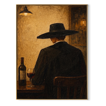 Wine Bottle Keeps Company - cowboy wine bar painting by Marcus Lau, retro modern vertical wall art – wood frame on white background