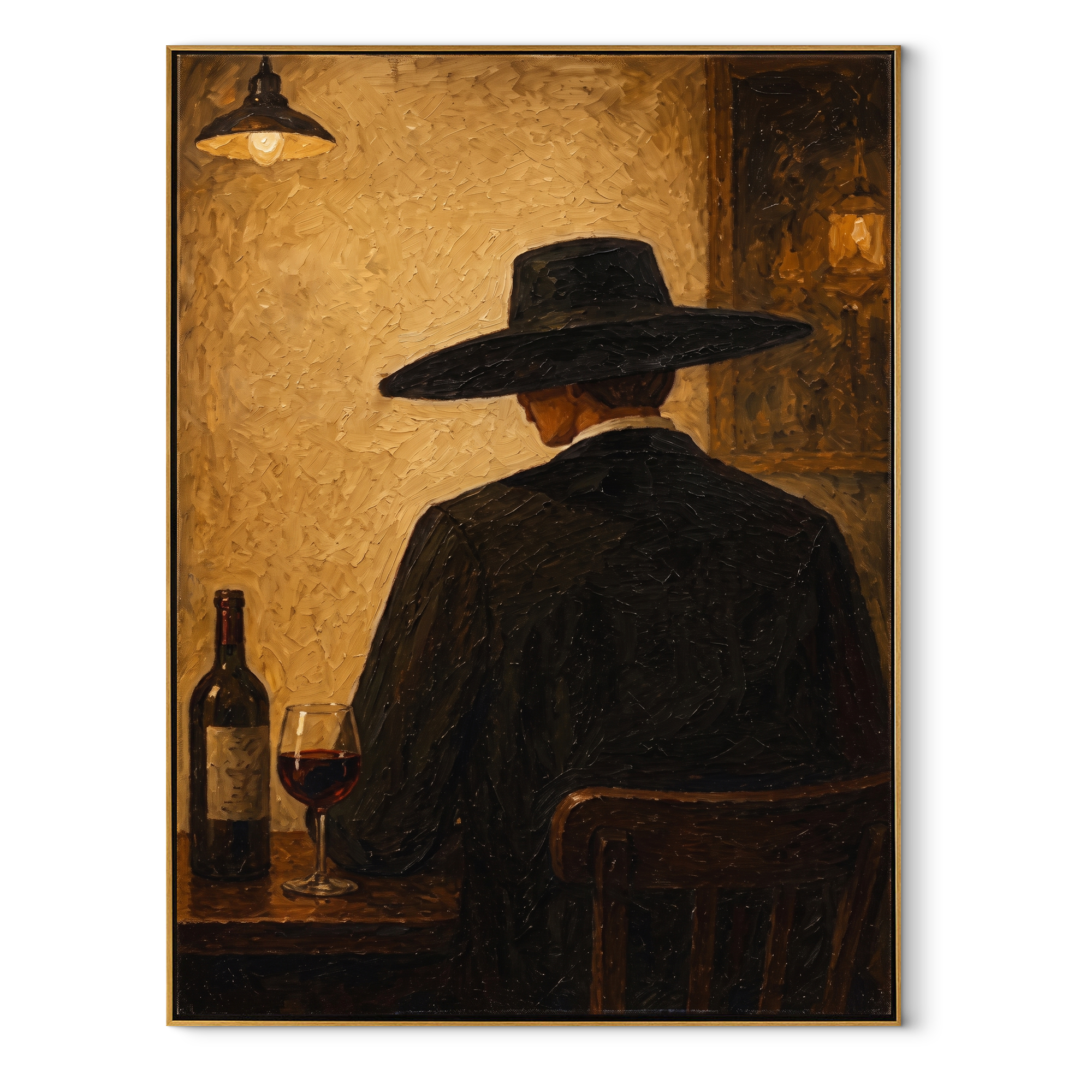 Wine Bottle Keeps Company - cowboy wine bar painting by Marcus Lau, retro modern vertical wall art – wood frame on white background