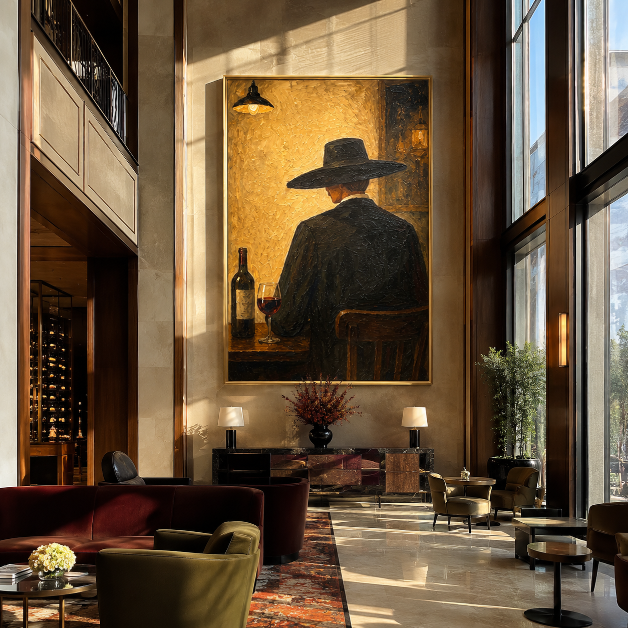 Wine Bottle Keeps Company - cowboy wine bar painting by Marcus Lau, retro modern vertical wall art – styled room scene view 2