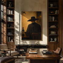 Wine Bottle Keeps Company - cowboy wine bar painting by Marcus Lau, retro modern vertical wall art – styled room scene view 3